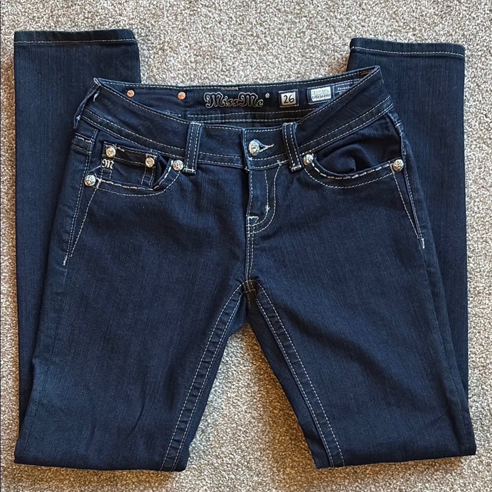 Miss Me Blue Skinny Jeans with Gold Stitching